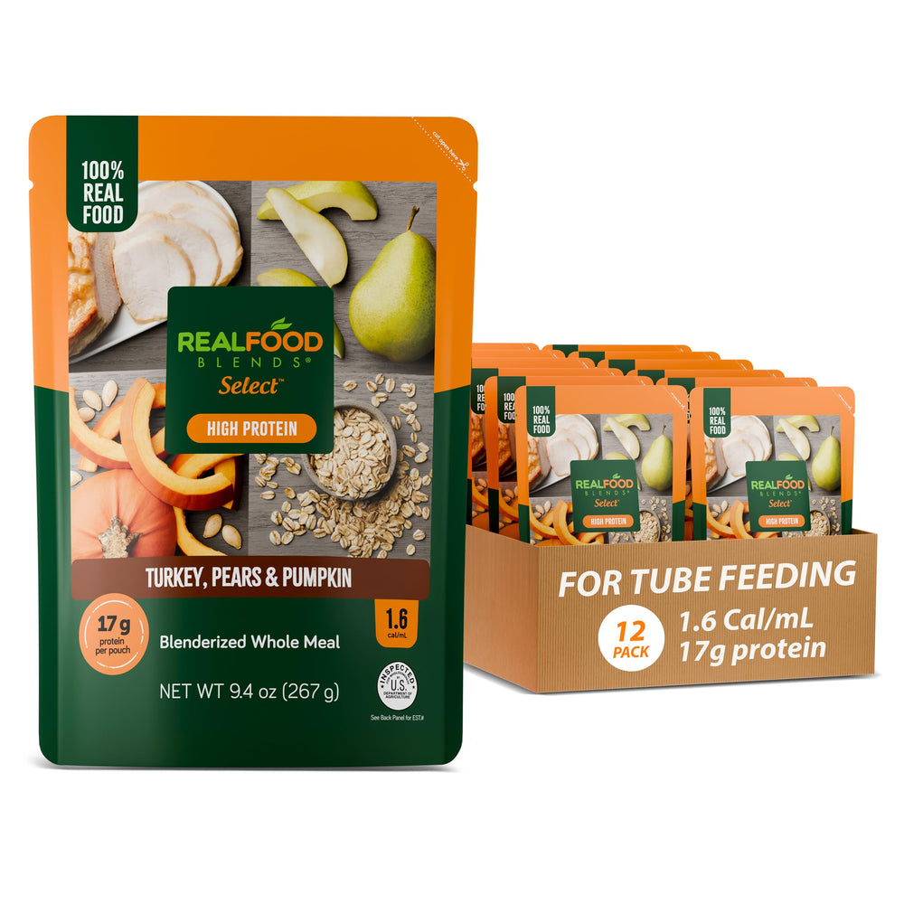 Real Food Blends Select Turkey Pears Pumpkin front pouch shows high-protein feeding option