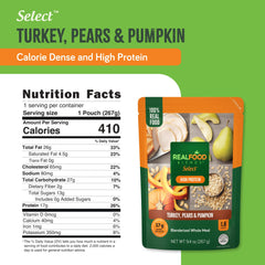 Real Food Blends Select Turkey Pears Pumpkin ingredients panel highlights eight real ingredients