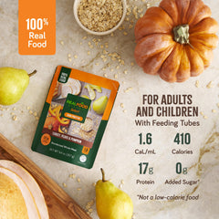 Real Food Blends texture close-up shows creamy puree for tube feeding