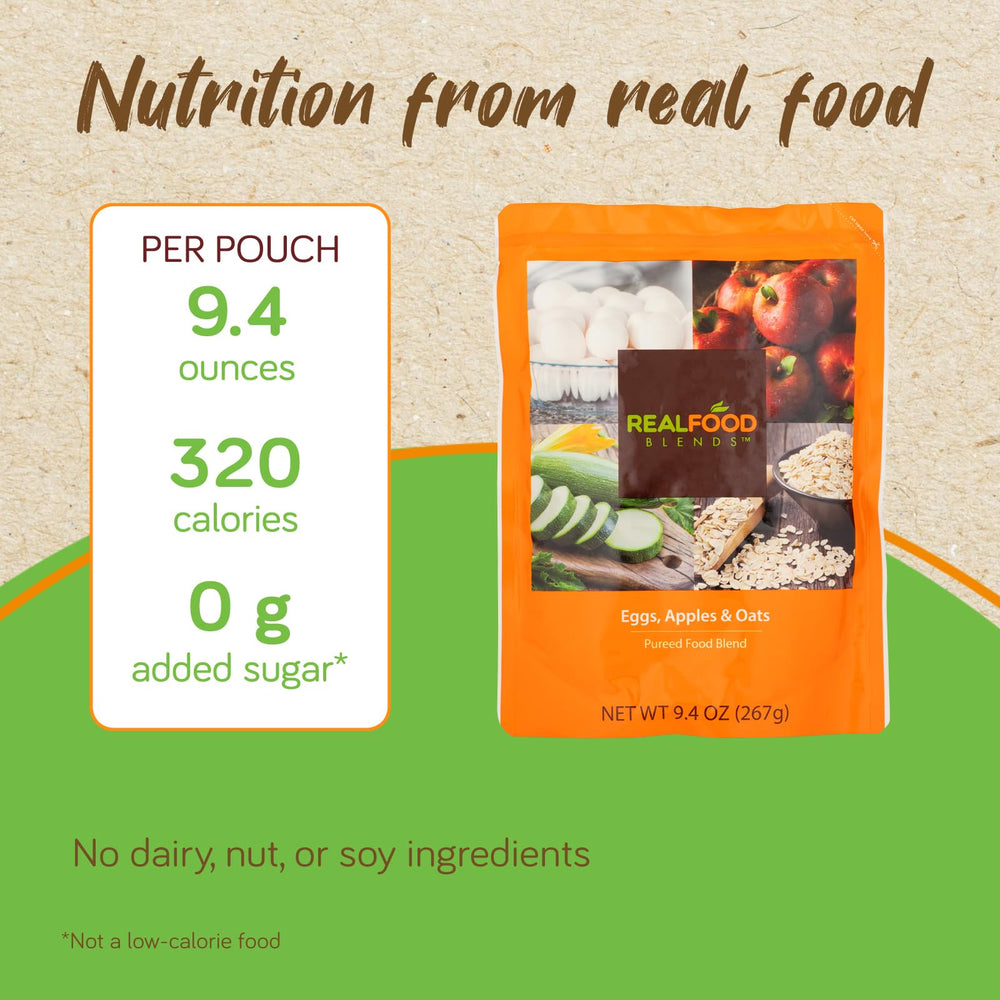 Real Food Blends shelf-stable pack demonstrates storage-friendly nutrition on hand.