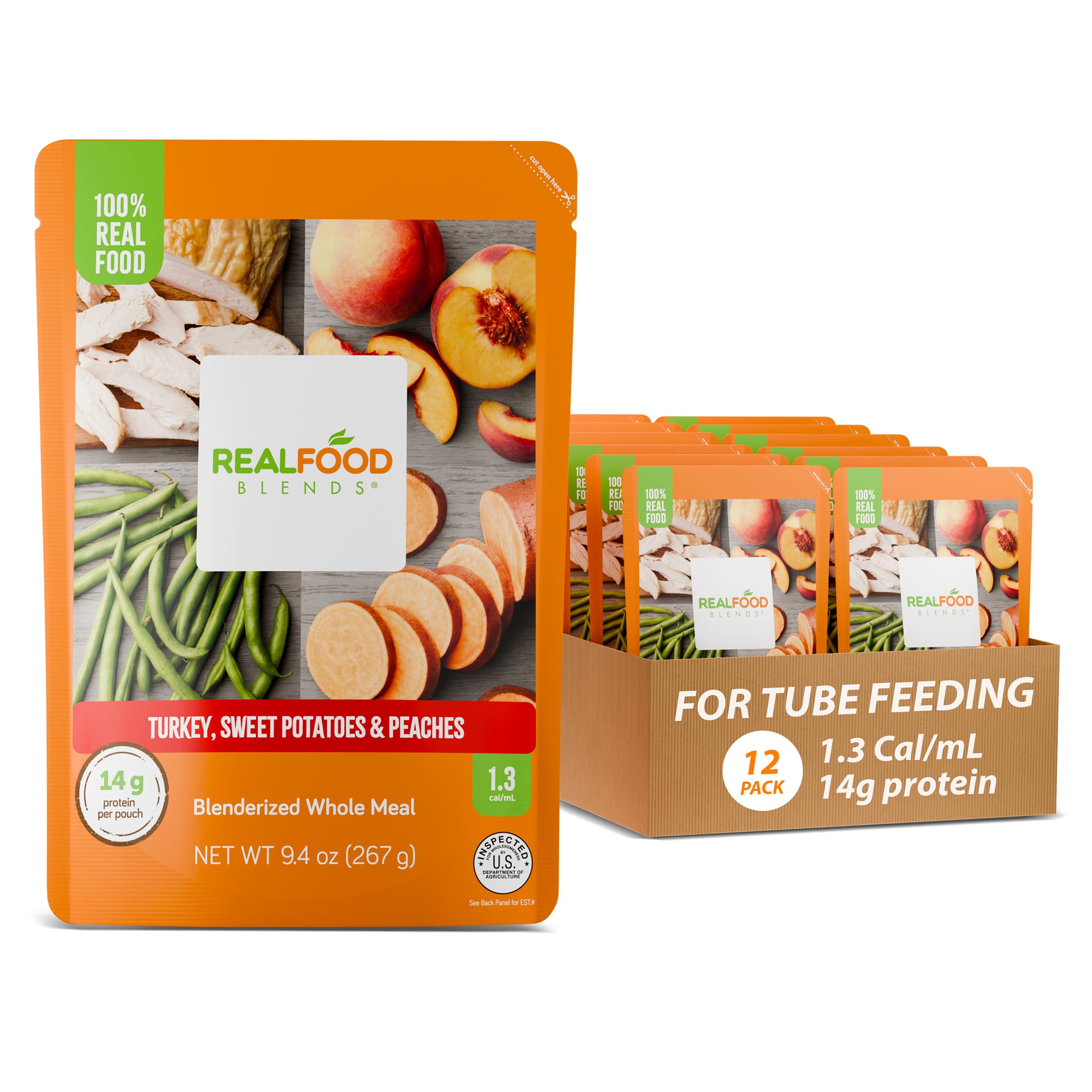 Real Food Blends turkey-sweet-potatoes-peaches puree in bowl ready for tube feeding.
