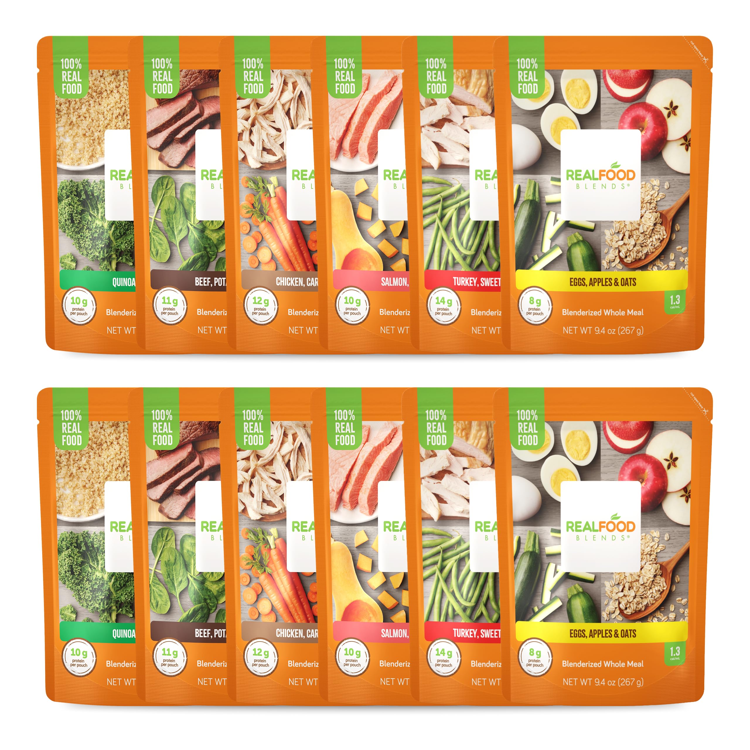 Real Food Blends Variety Pack front label showcases real ingredients for diverse tube feeding nutrition.
