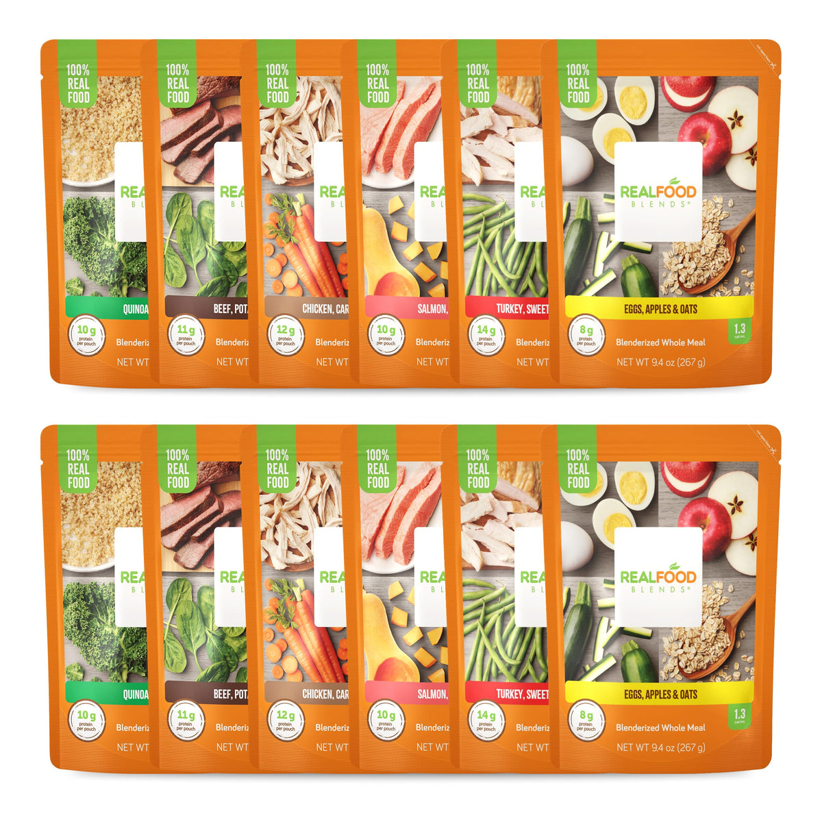 Real Food Blends Variety Pack front label showcases real ingredients for diverse tube feeding nutrition.