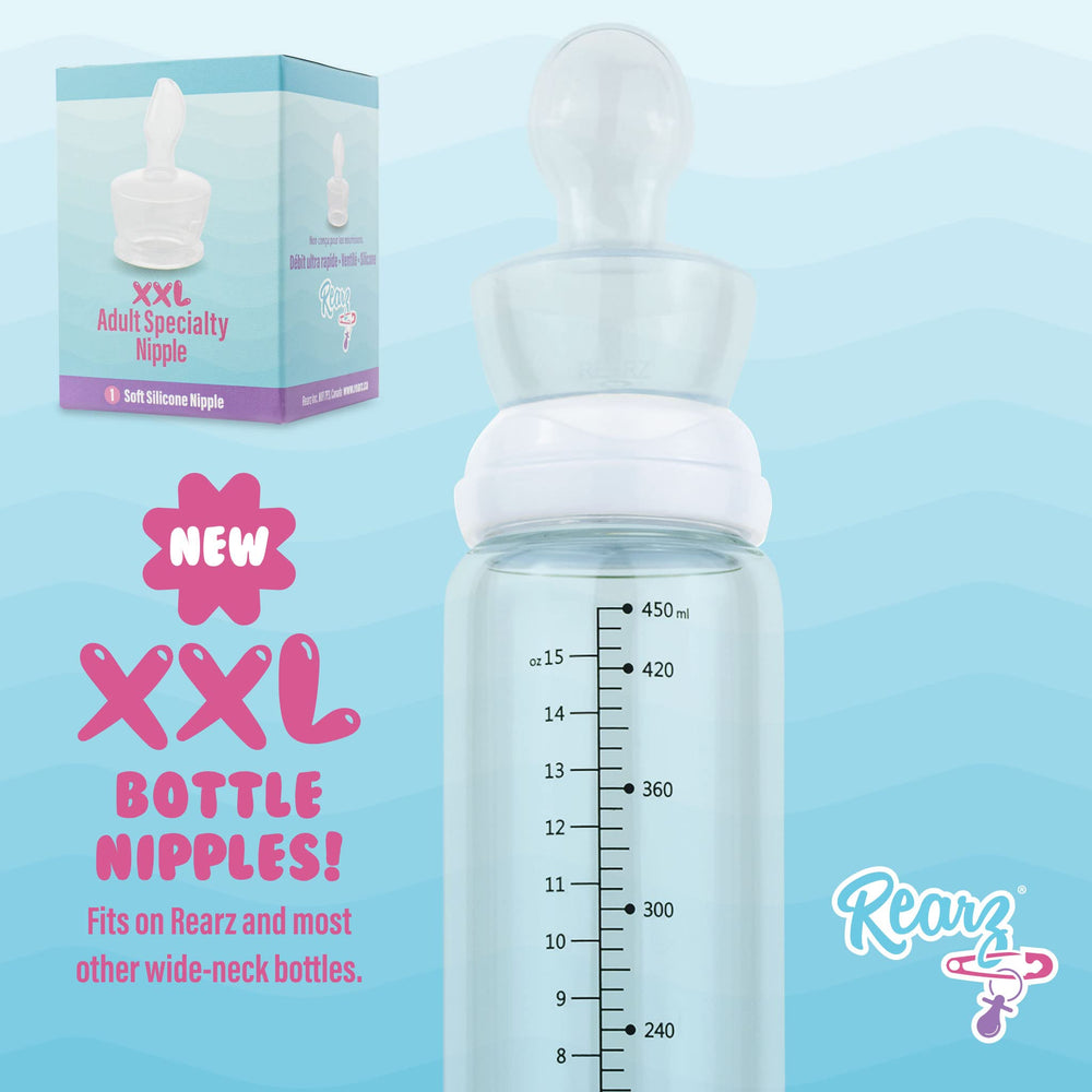 Rearz glass bottle-compatible nipple image highlights easy care and compatibility.