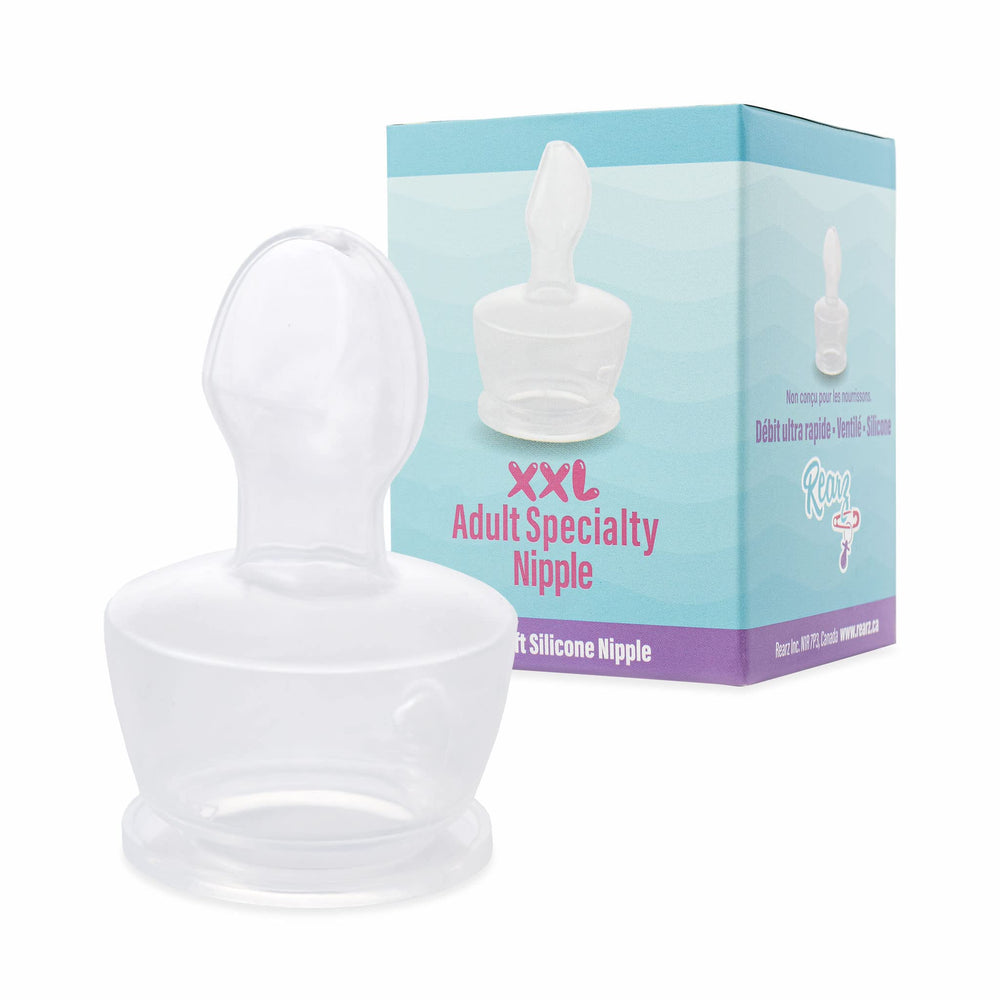 Rearz Wide Neck XXL silicone nipple closeup with ultra-fast flow for quick feeding.