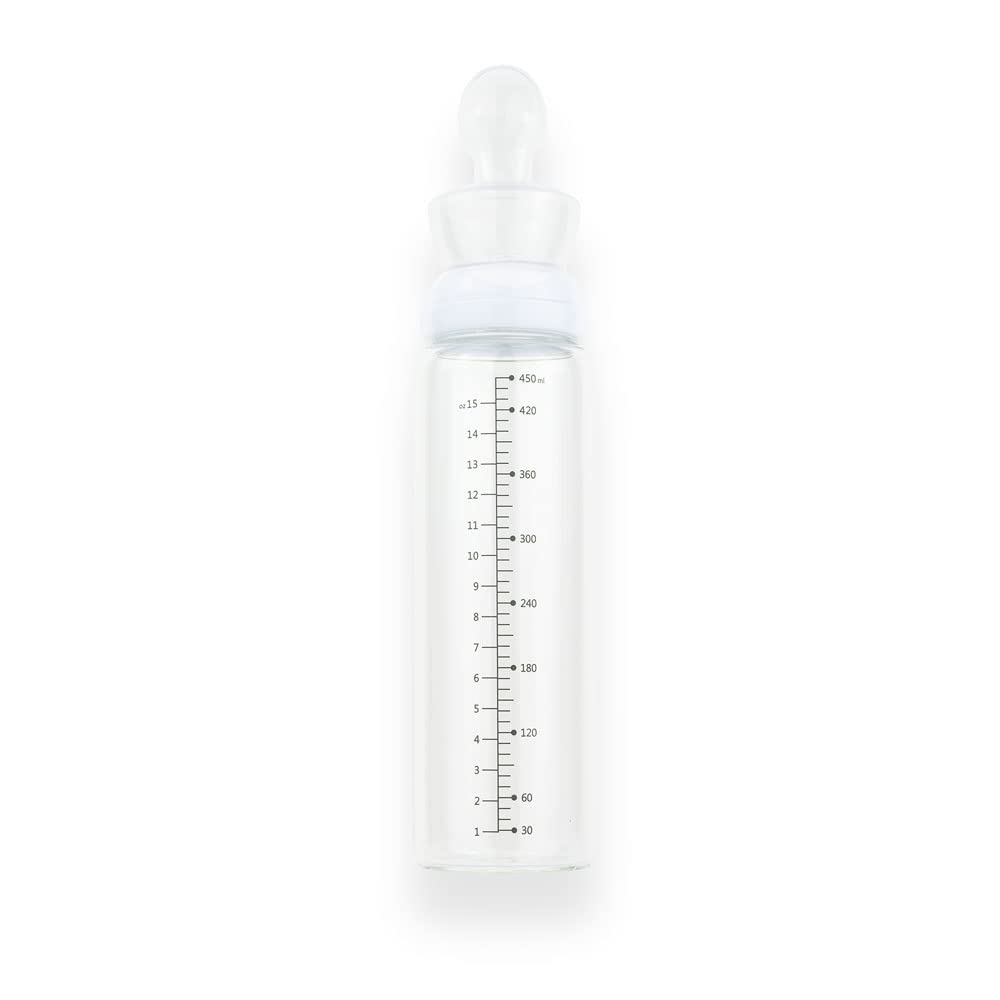 Rearz Wide Neck XXL silicone nipple in glass bottle demonstrates easy-care compatibility.