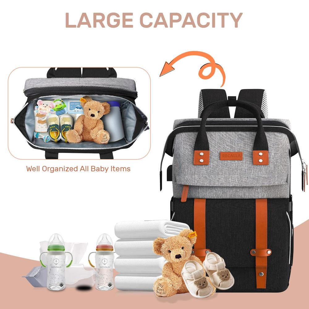 RECALLA diaper bag backpack changing station extended offers a clean surface for quick diaper changes.