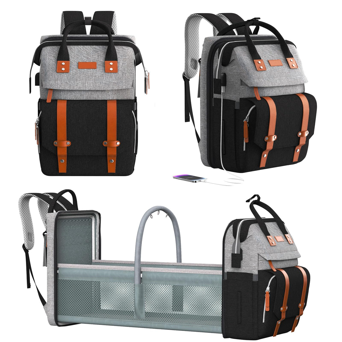 RECALLA diaper bag backpack gray-black exterior front shows organized pockets for busy parents.