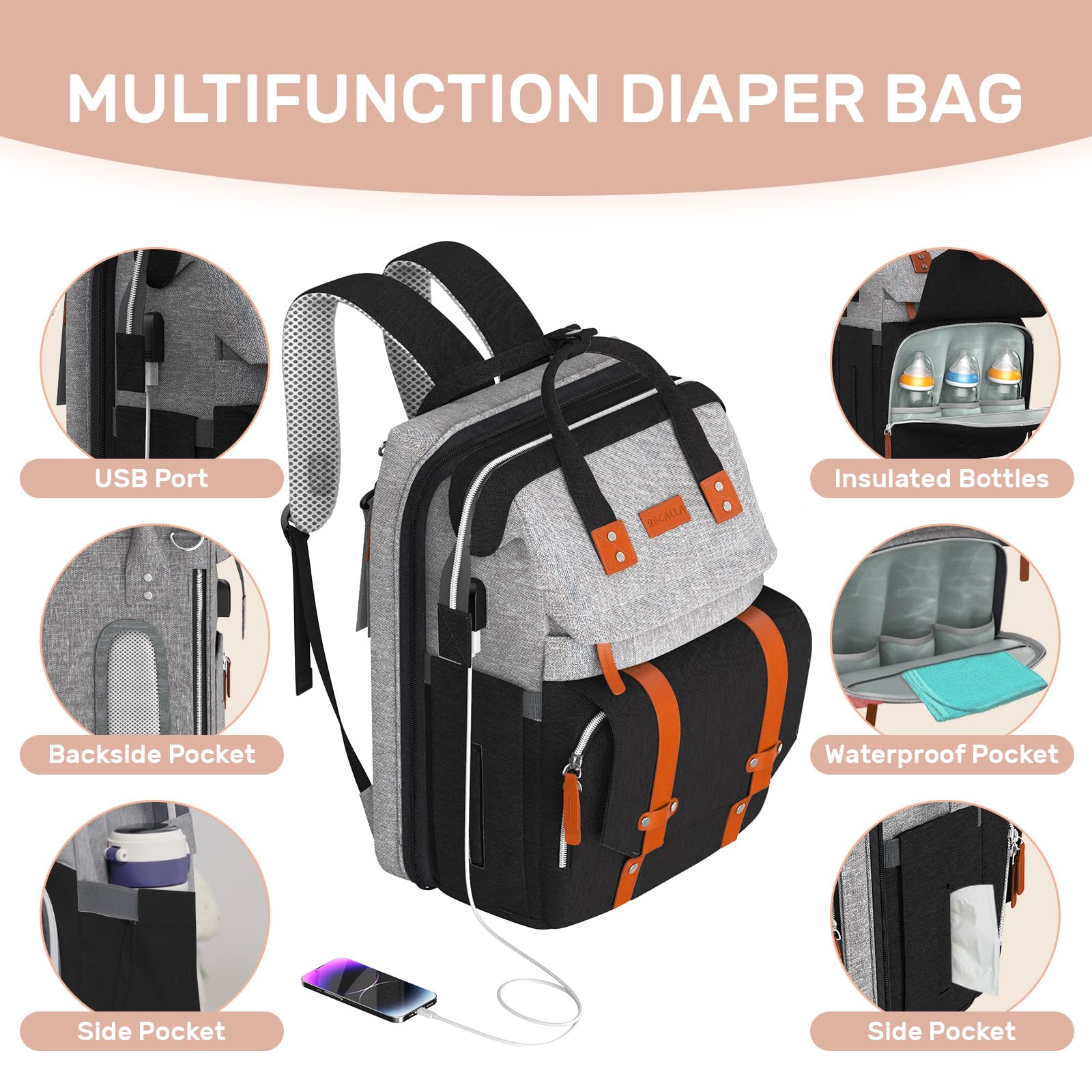 RECALLA diaper bag backpack with insulated bottle holders keeps bottles warm or cool on outings.