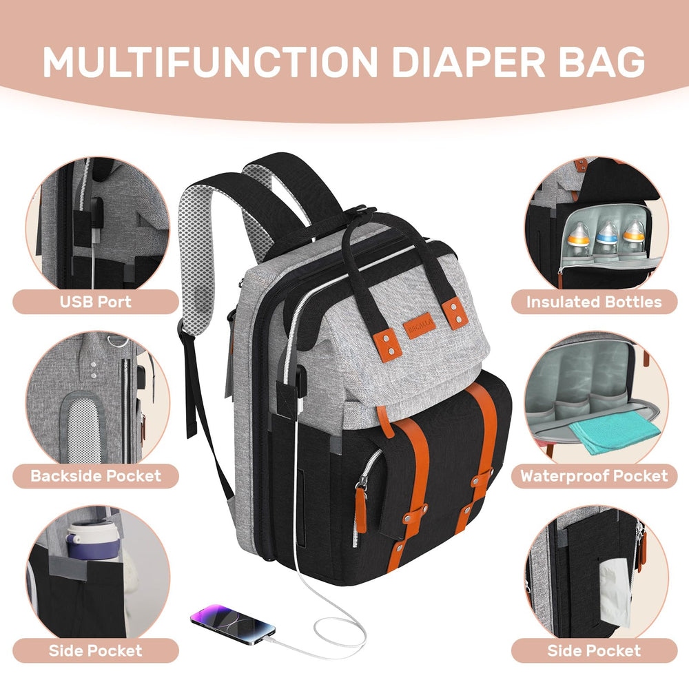 RECALLA diaper bag backpack with insulated bottle holders keeps bottles warm or cool on outings.
