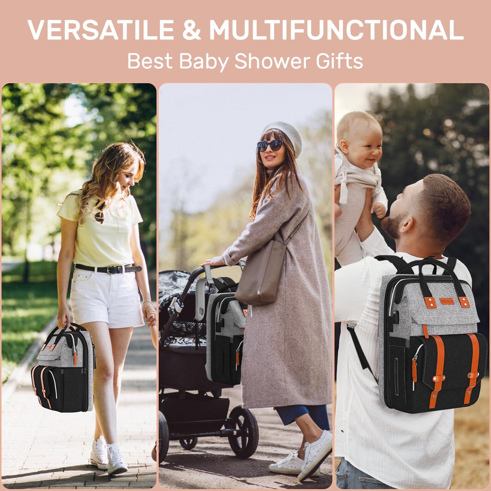 RECALLA diaper bag backpack ready for travel, keeps baby essentials organized on family outings.