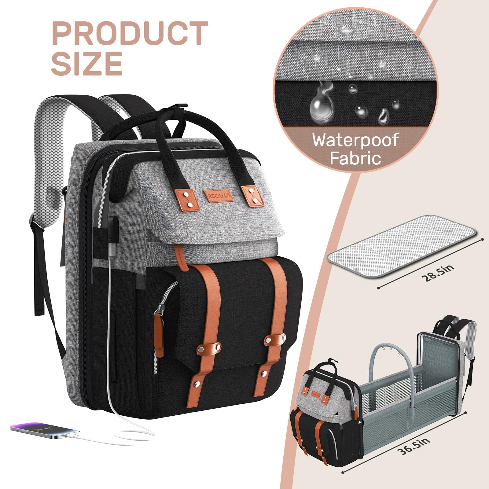 RECALLA diaper bag backpack premium waterproof materials withstand daily use and weather while staying stylish.