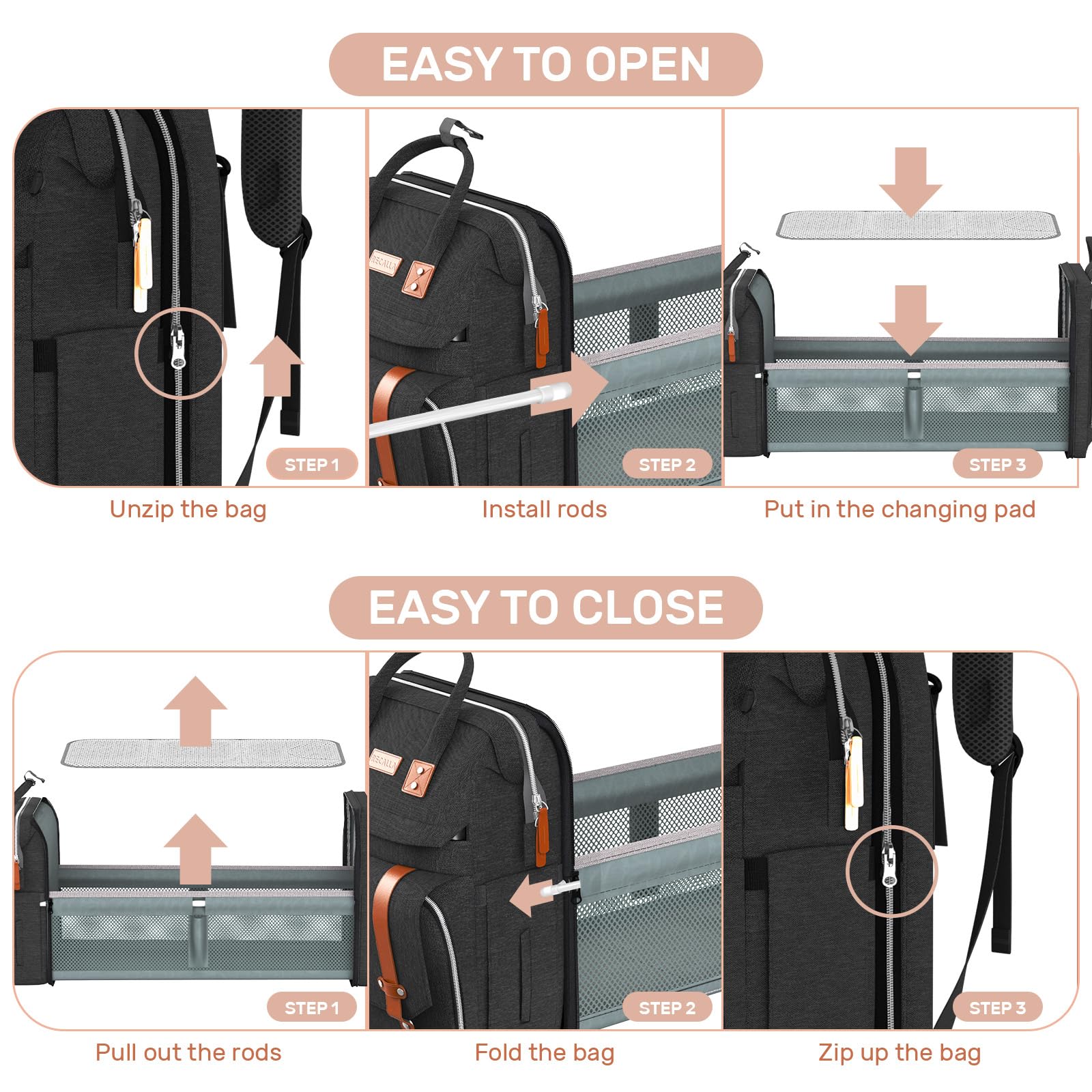 RECALLA diaper bag backpack sturdy-zippers ensure long-lasting daily use