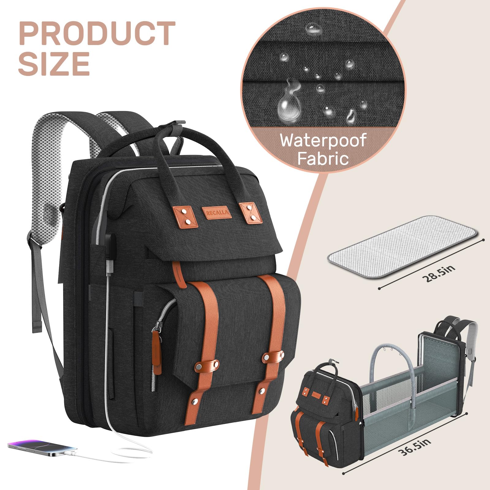 RECALLA diaper bag backpack travel-ready design fits family trips