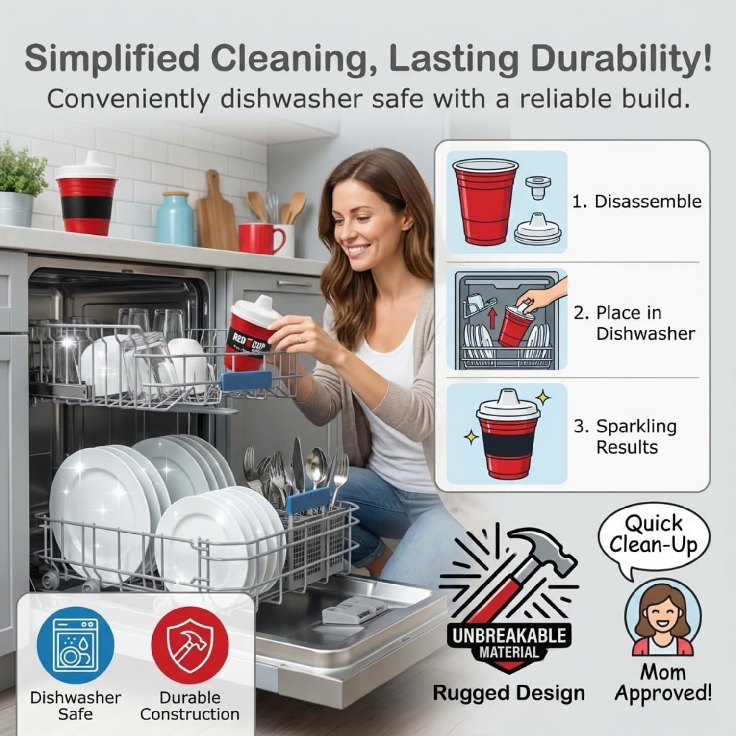 Red Cup Living dishwasher-safe sippy cup simplifies cleanup after meals and activities.