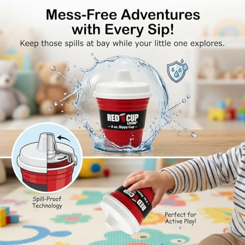 Red Cup Living sippy cup with easy-grip handle aids independent drinking for little hands.