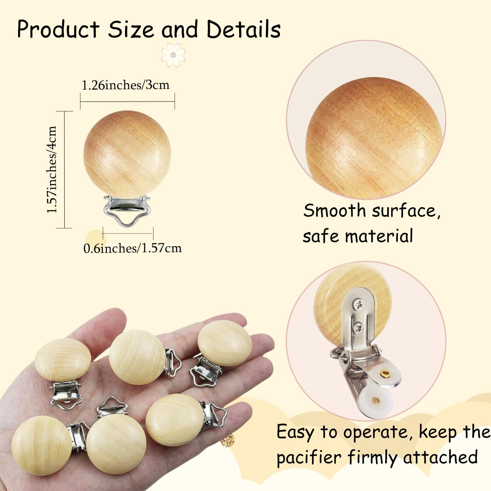 REDANHA natural beech wood pacifier clip closeup shows odorless, sturdy construction