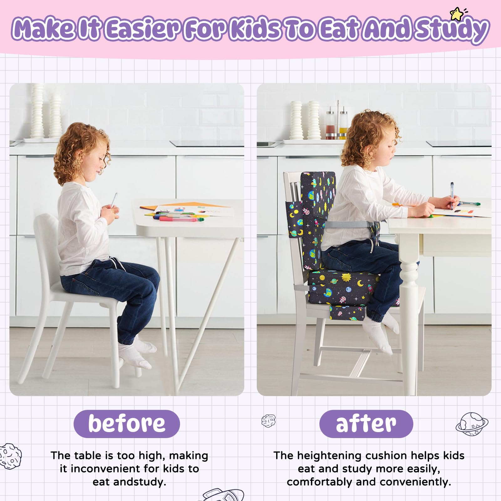 Redcoutt booster seat with extended straps supports secure dining chair fit.