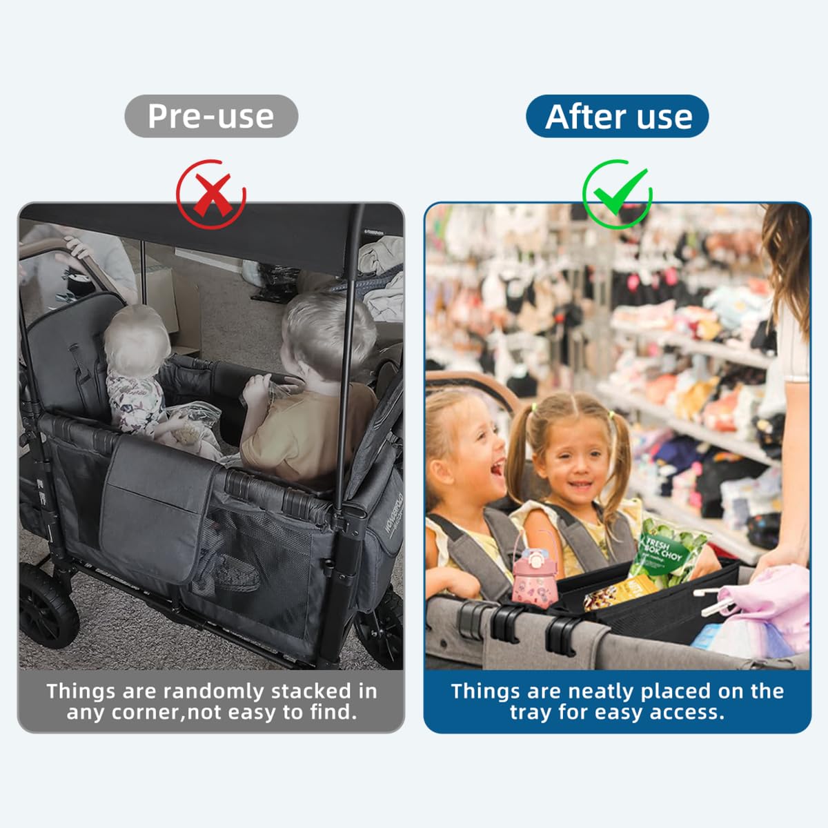 Redcoutt stroller snack tray four clips showing quick secure installation
