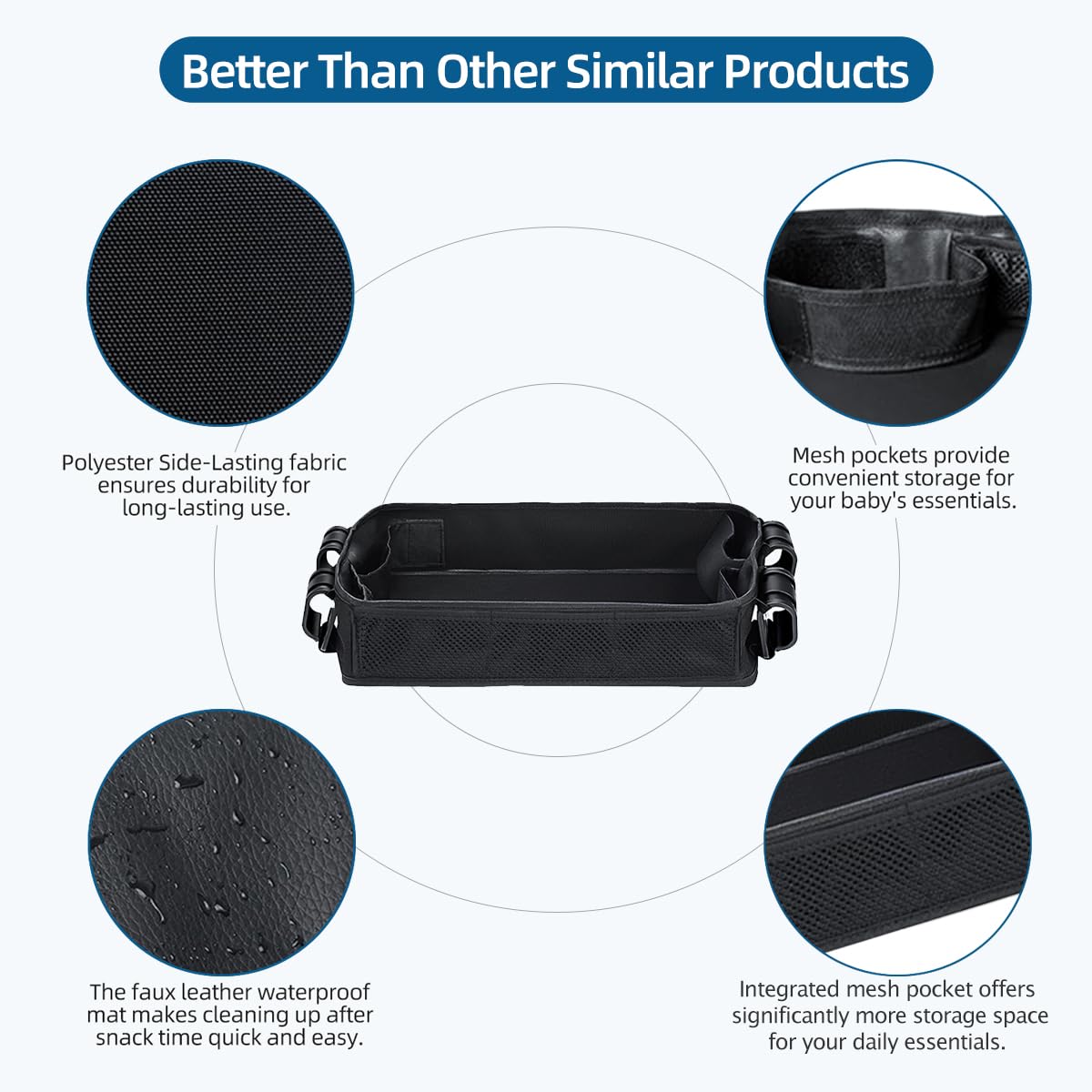 Redcoutt stroller snack tray with waterproof faux leather sides for easy wipe clean maintenance