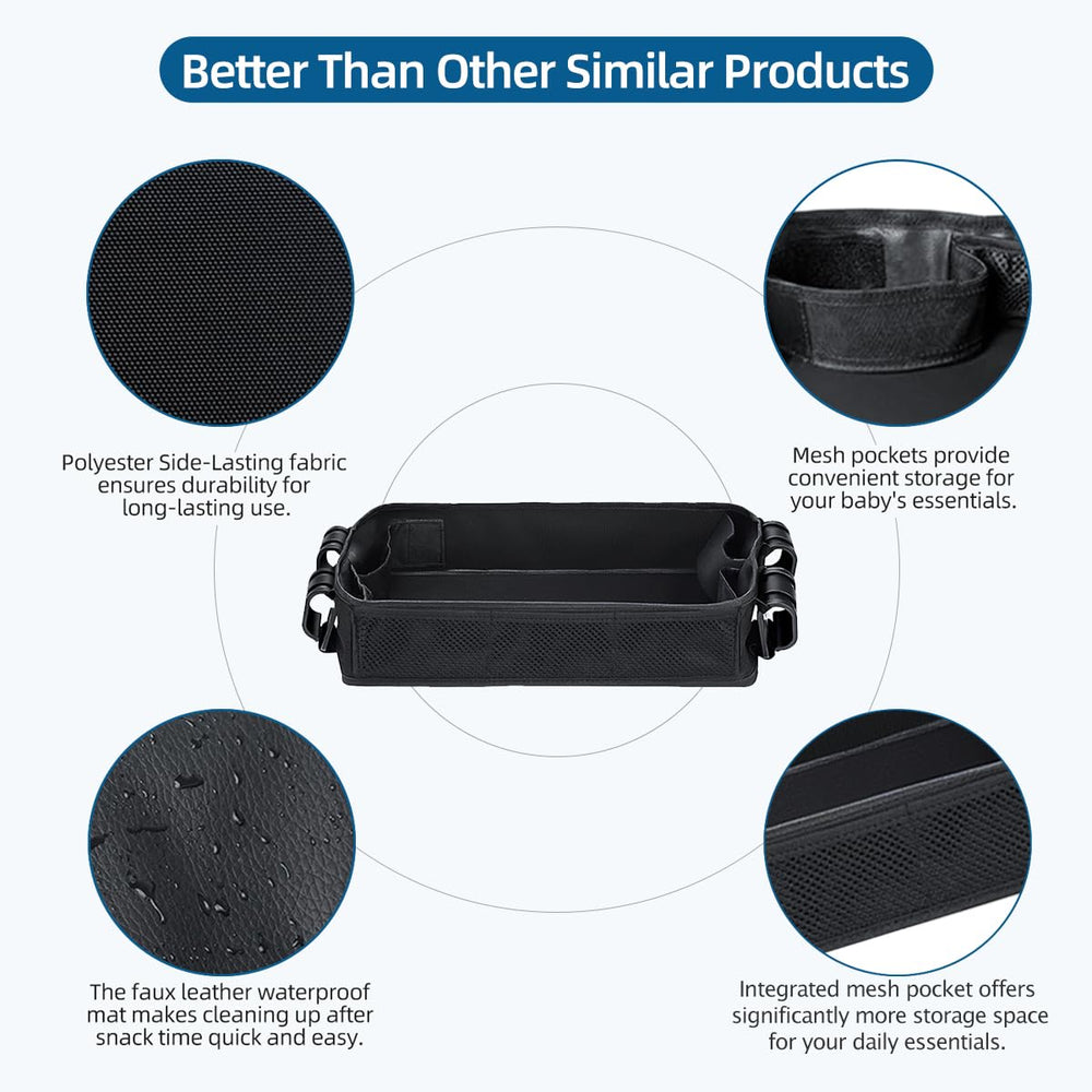 Redcoutt stroller snack tray with waterproof faux leather sides for easy wipe clean maintenance