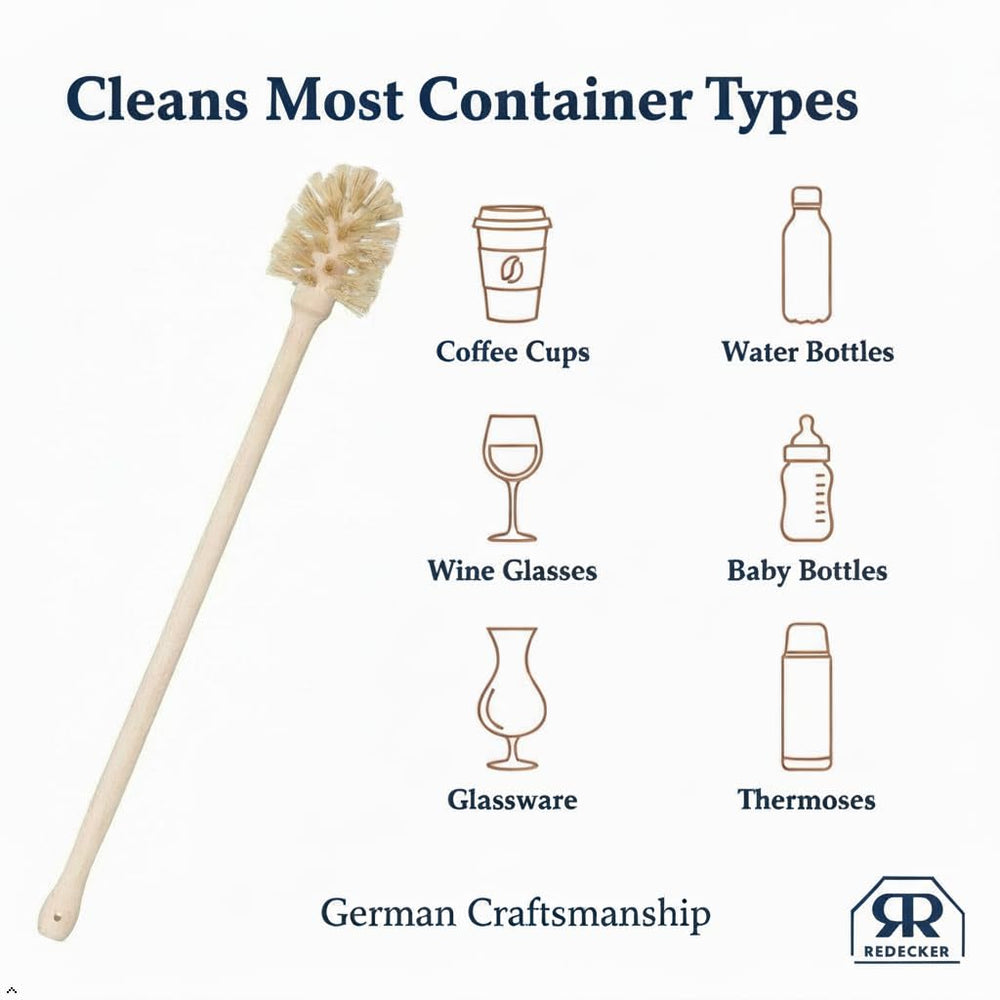 Redecker German craftsmanship bottle brush—natural bristles and wood construction.