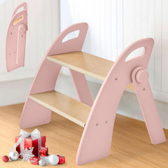 Reeple bamboo step stool pink side view for sturdy everyday reach in bathroom or kitchen.