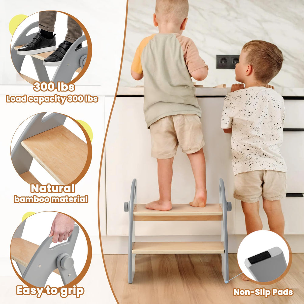 Reeple two-step stool folded for compact storage and easy setup