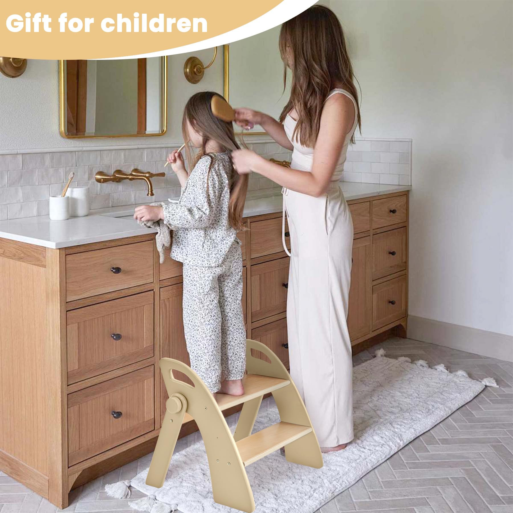 Reeple wooden step stool in bathroom with handles for safety