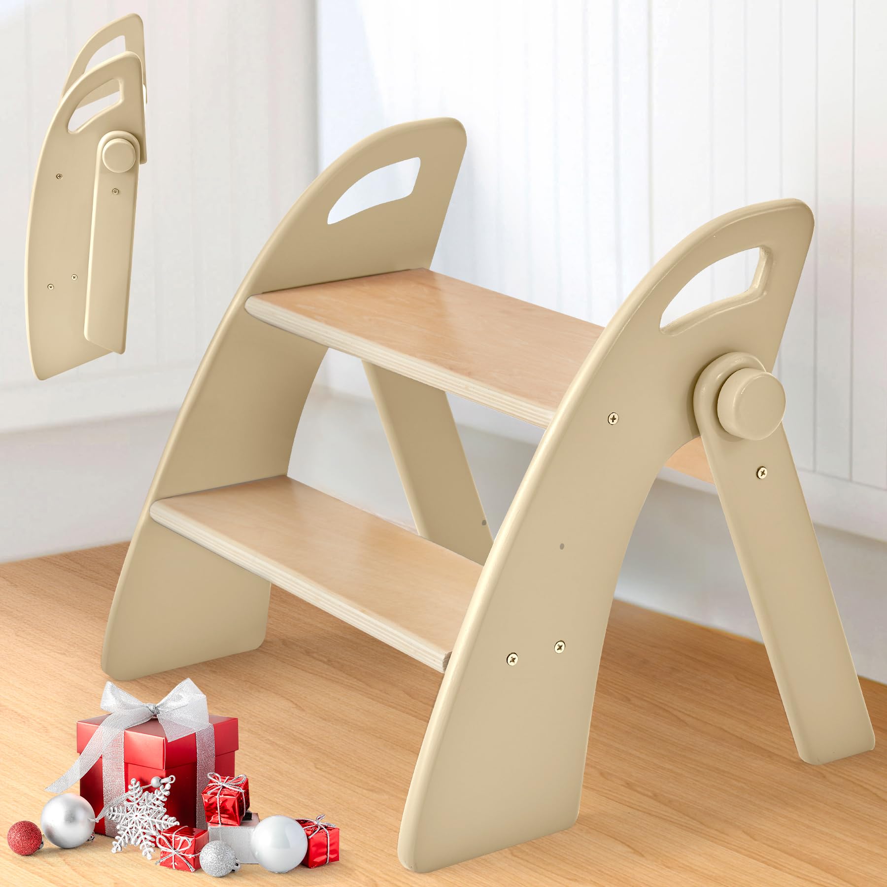 Reeple wooden step stool folded for compact storage