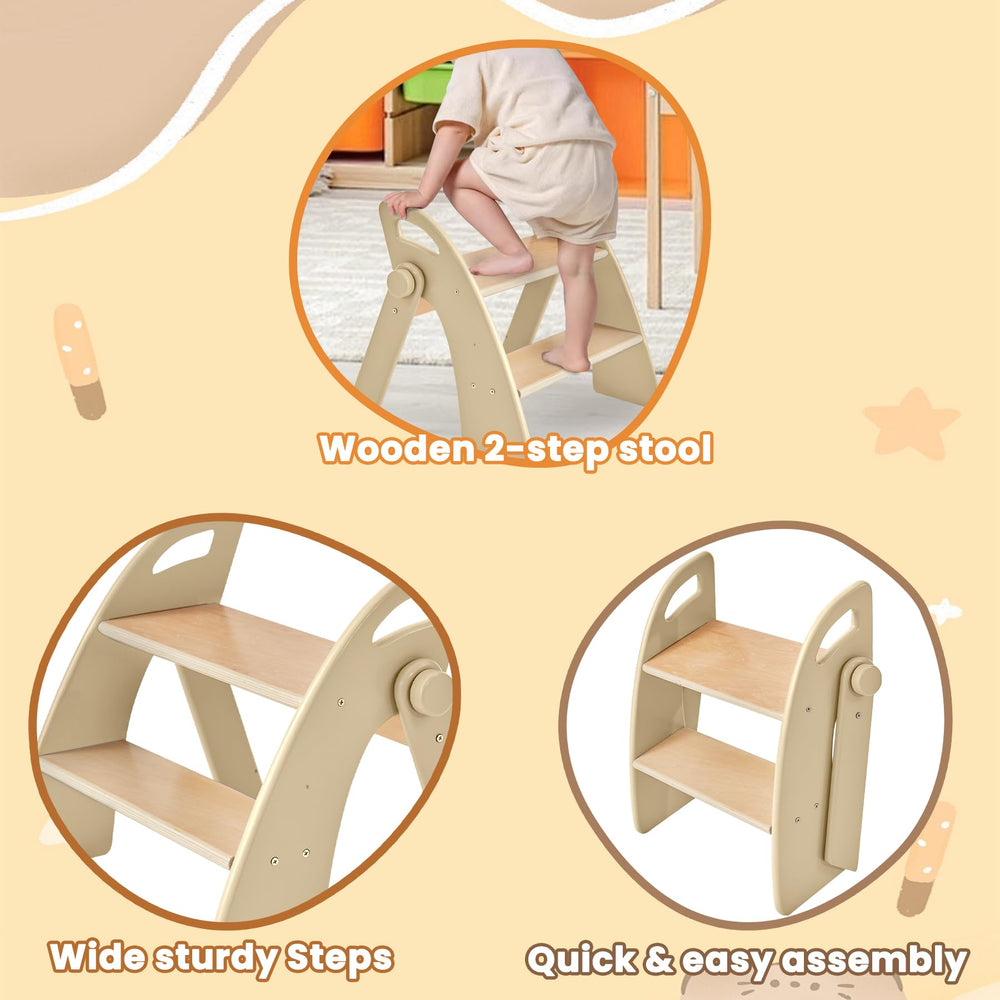 Reeple wooden step stool side view highlighting armrests