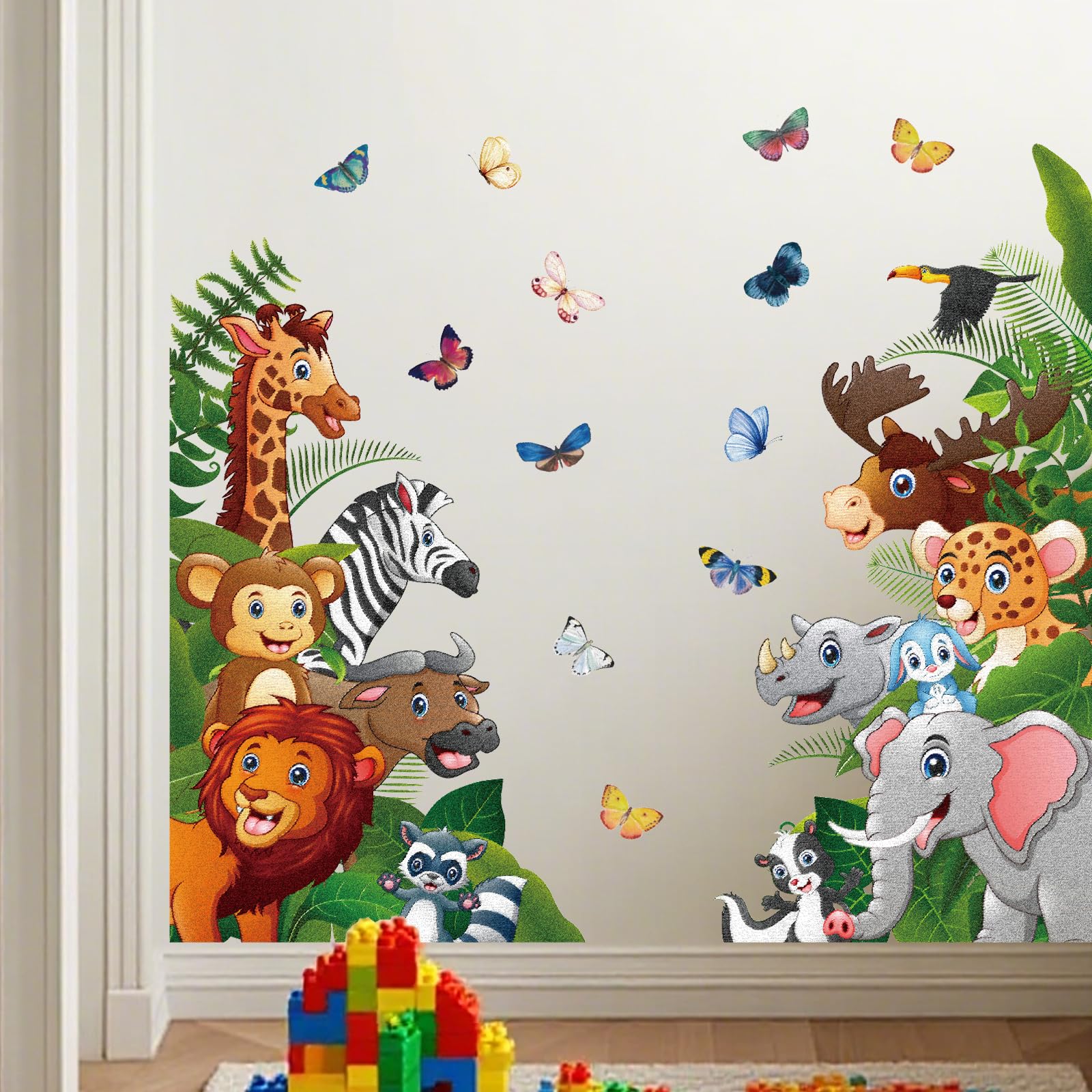 Refamaee colorful jungle-animals wall decal collage brightens playroom with non-toxic materials.