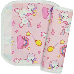 REFLYAWAY pink unicorn neck cover on car seat offers cozy travel support.