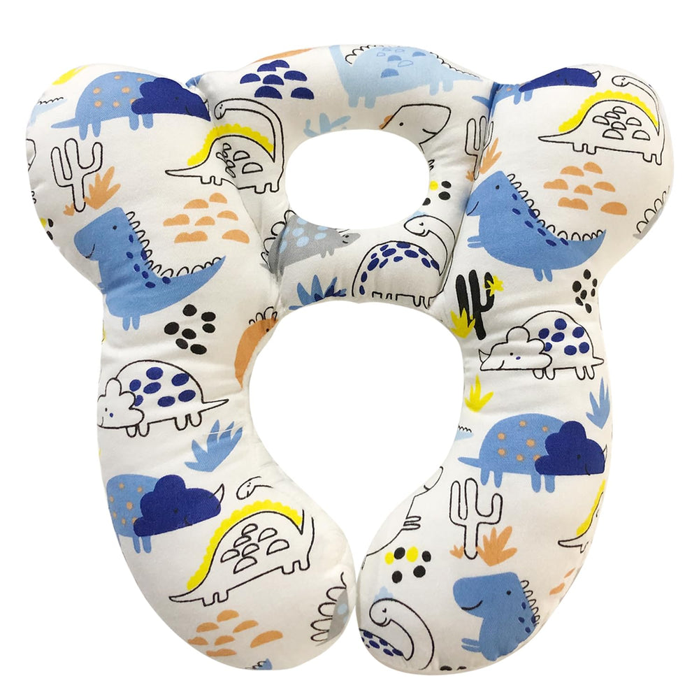 REFLYAWAY baby travel pillow with blue dinosaur print offers cozy neck support on trips