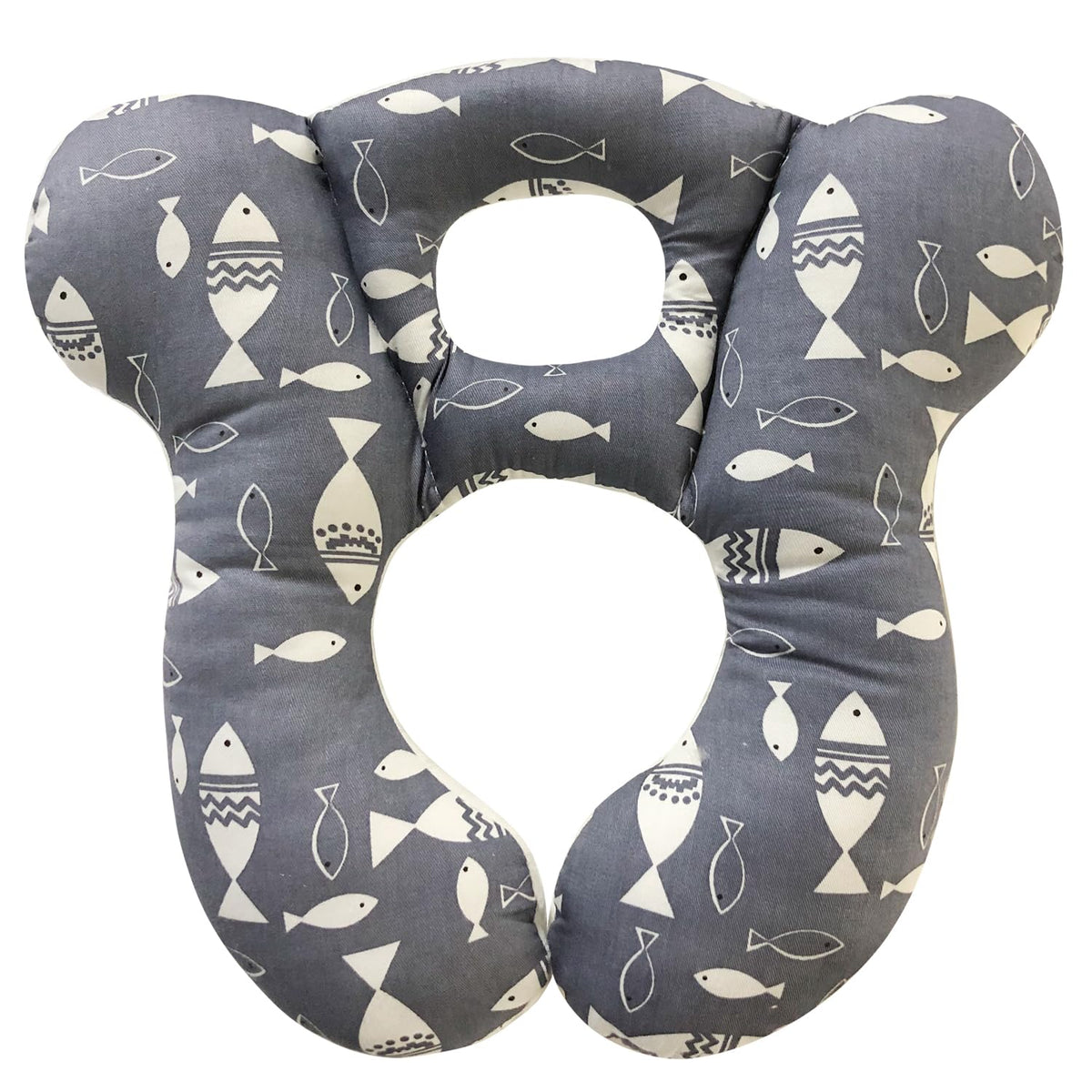REFLYAWAY Baby Travel Pillow Gray Fish front view provides gentle neck support for car rides.