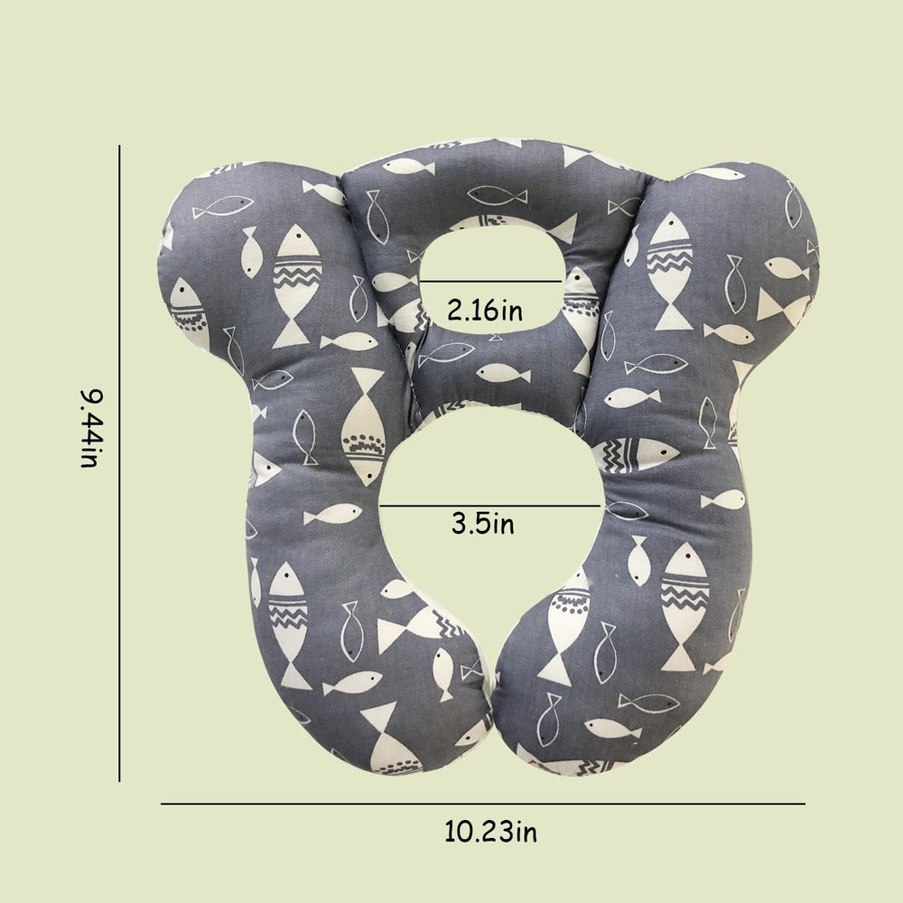 REFLYAWAY Gray Fish side cushion demonstrates ergonomic comfort for stroller naps.