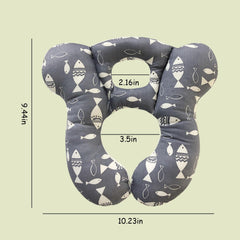 REFLYAWAY Gray Fish side cushion demonstrates ergonomic comfort for stroller naps.