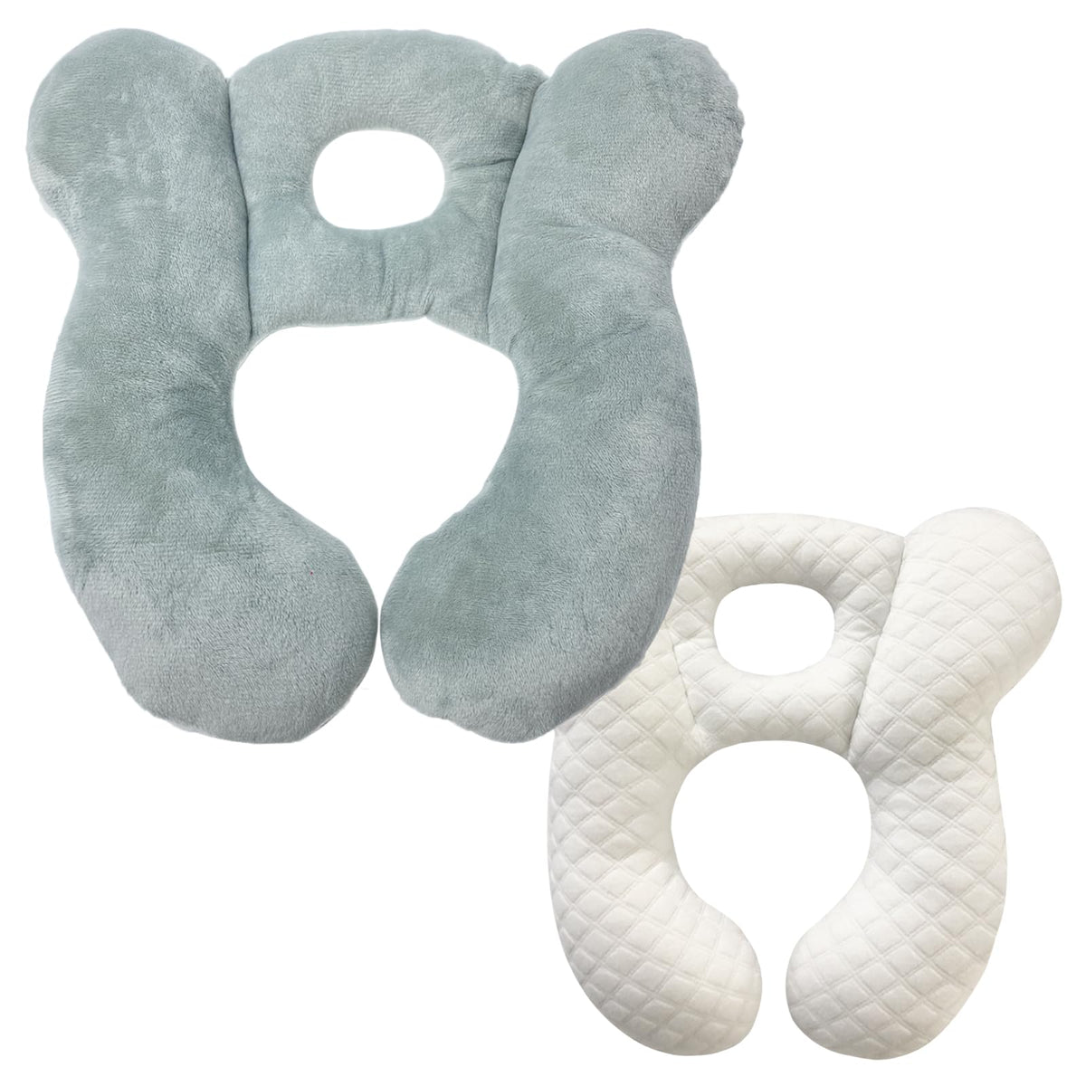 REFLYAWAY baby travel pillow in plush grey cushions the neck for naps.
