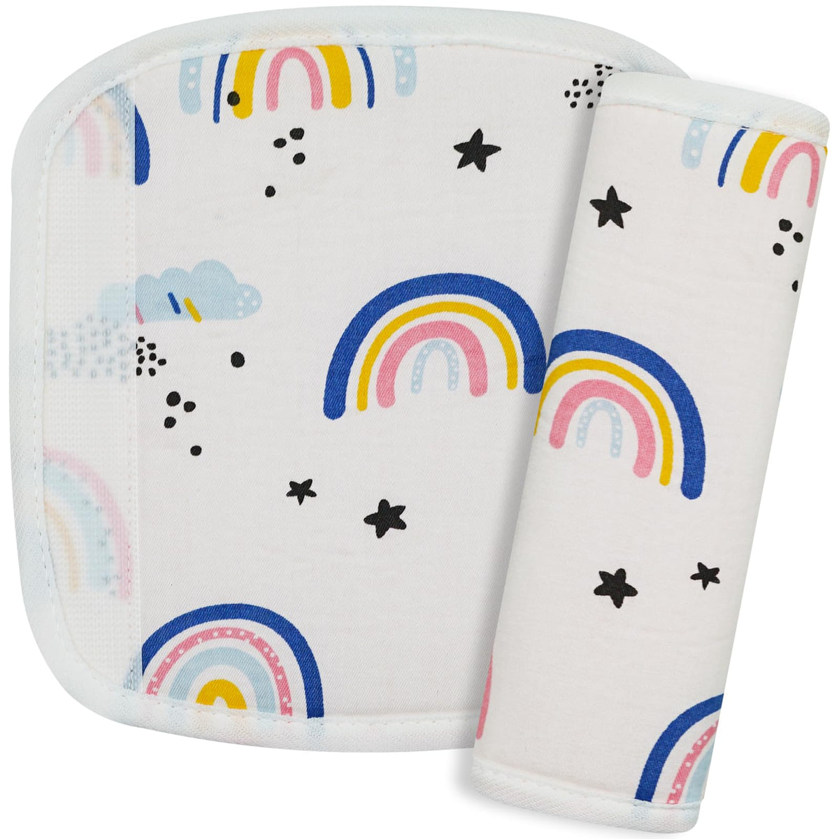 REFLYAWAY neck cover in pink rainbow pattern provides cozy travel neck support