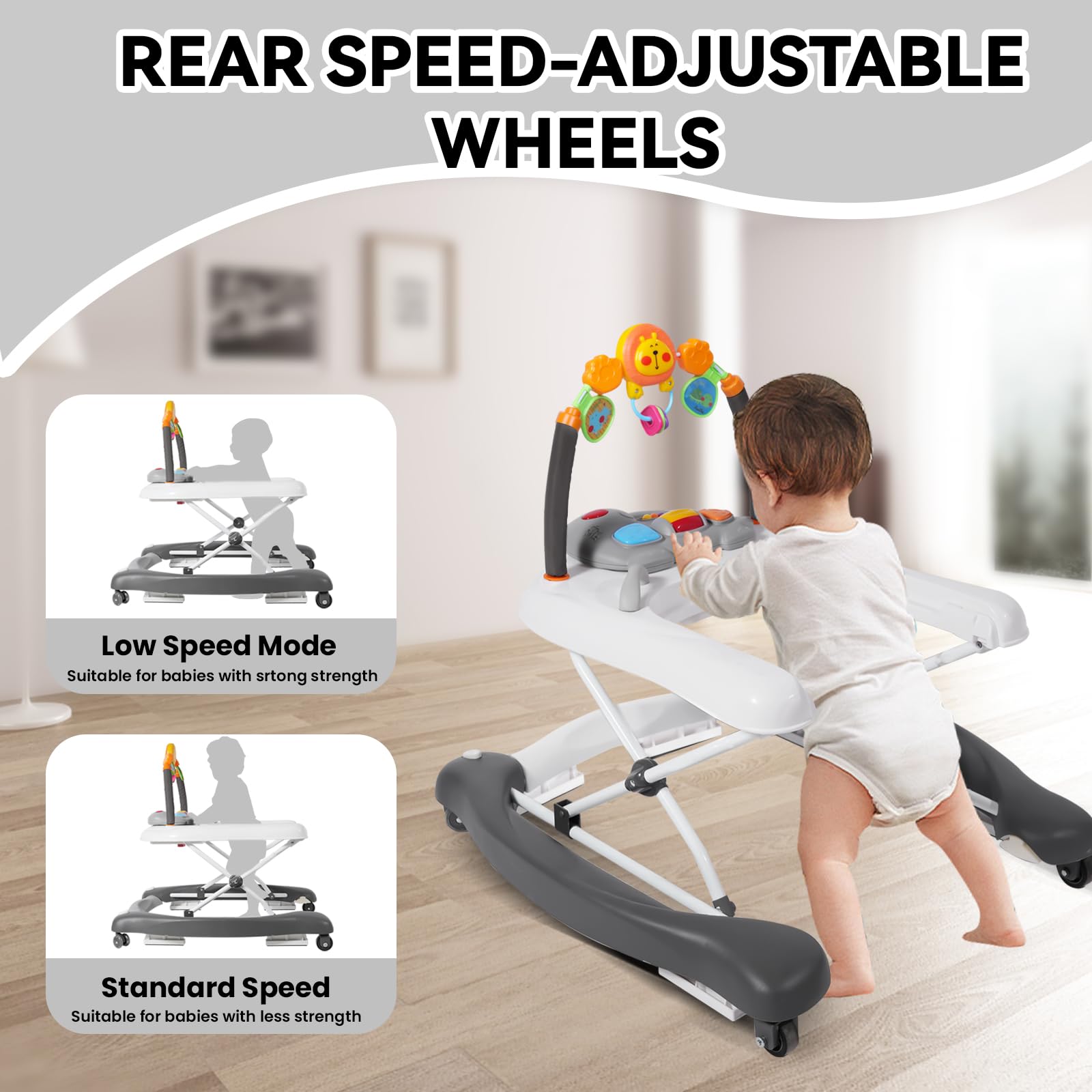 RefoereBabe baby walker in eating mode with handy feeding tray