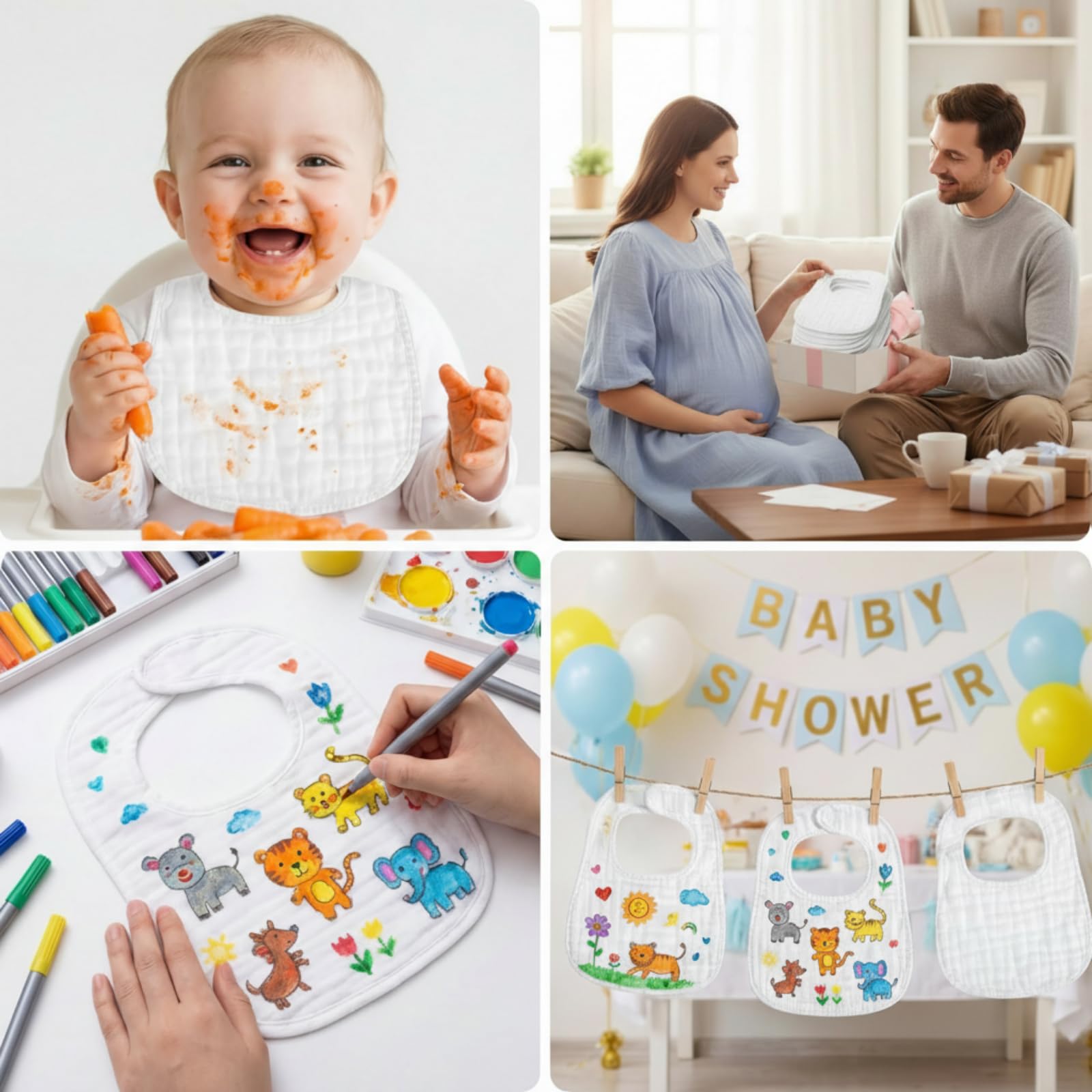 Reginary white bibs make a thoughtful baby gift with practical use.