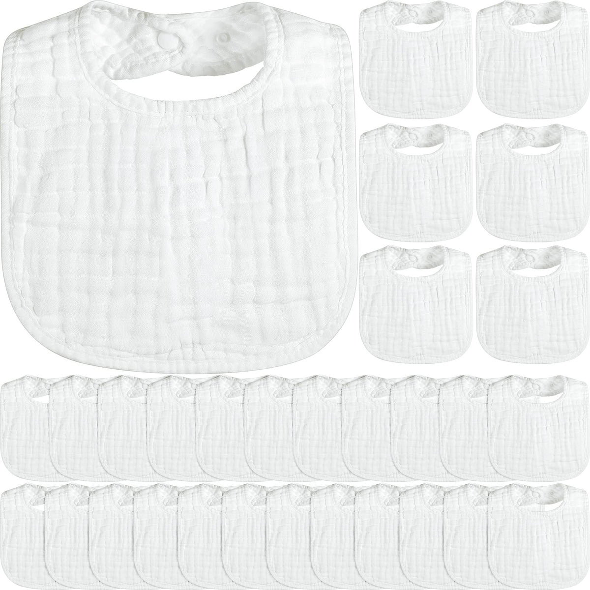 Reginary white muslin bibs 30-pack with 6 layers offering absorbent protection for drool.