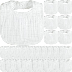 Reginary white muslin bibs 30-pack with 6 layers offering absorbent protection for drool.