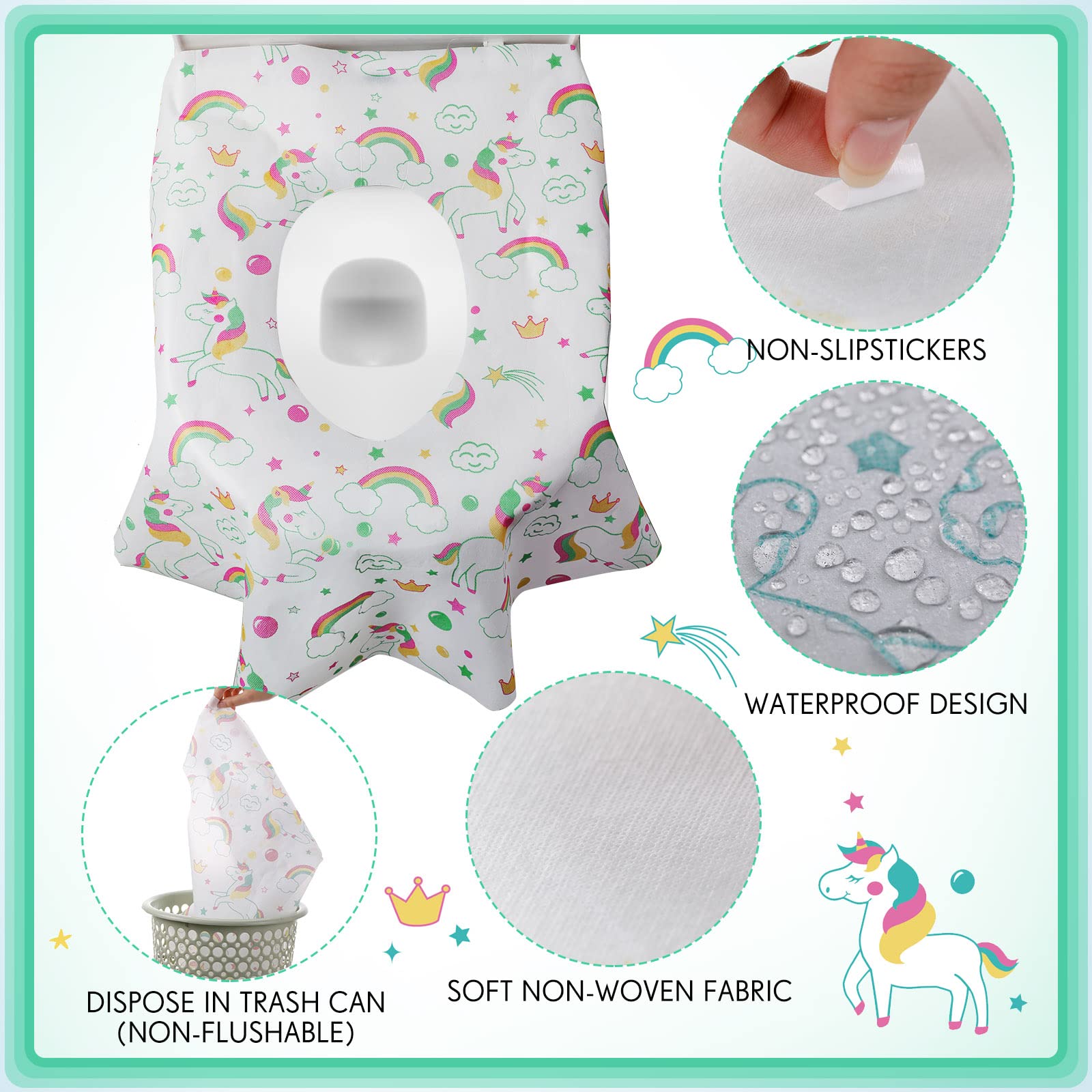 Reginary patterned unicorn toilet seat cover keeps toddlers engaged during potty training.