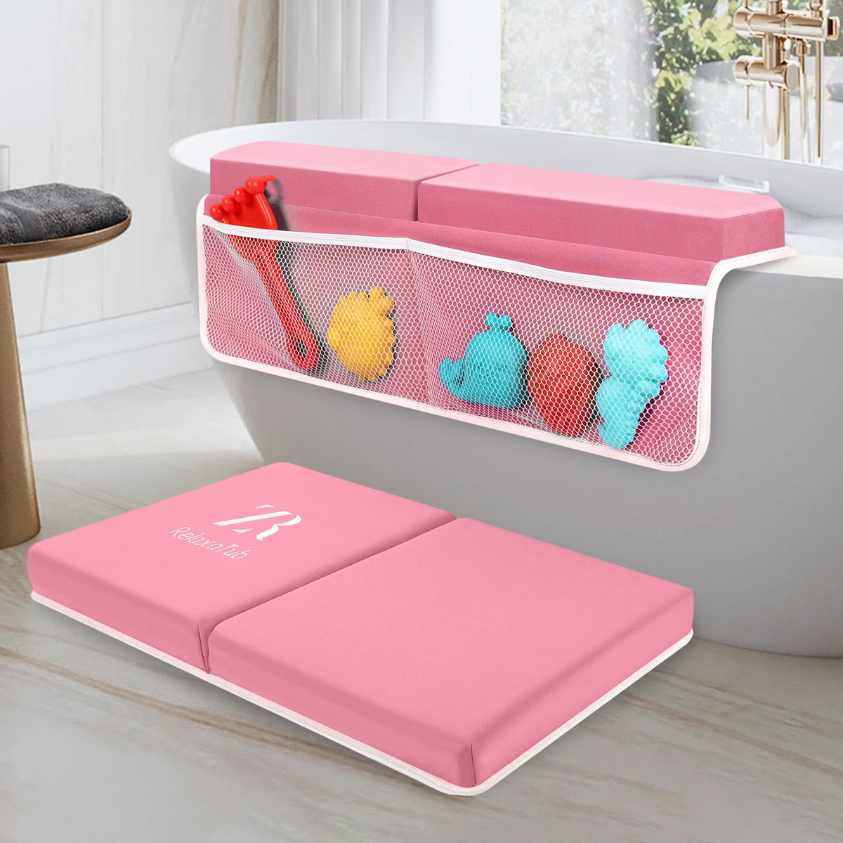 RelaxaTub pink kneeler folded for compact storage and quick drying.