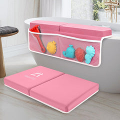 RelaxaTub pink kneeler folded for compact storage and quick drying.