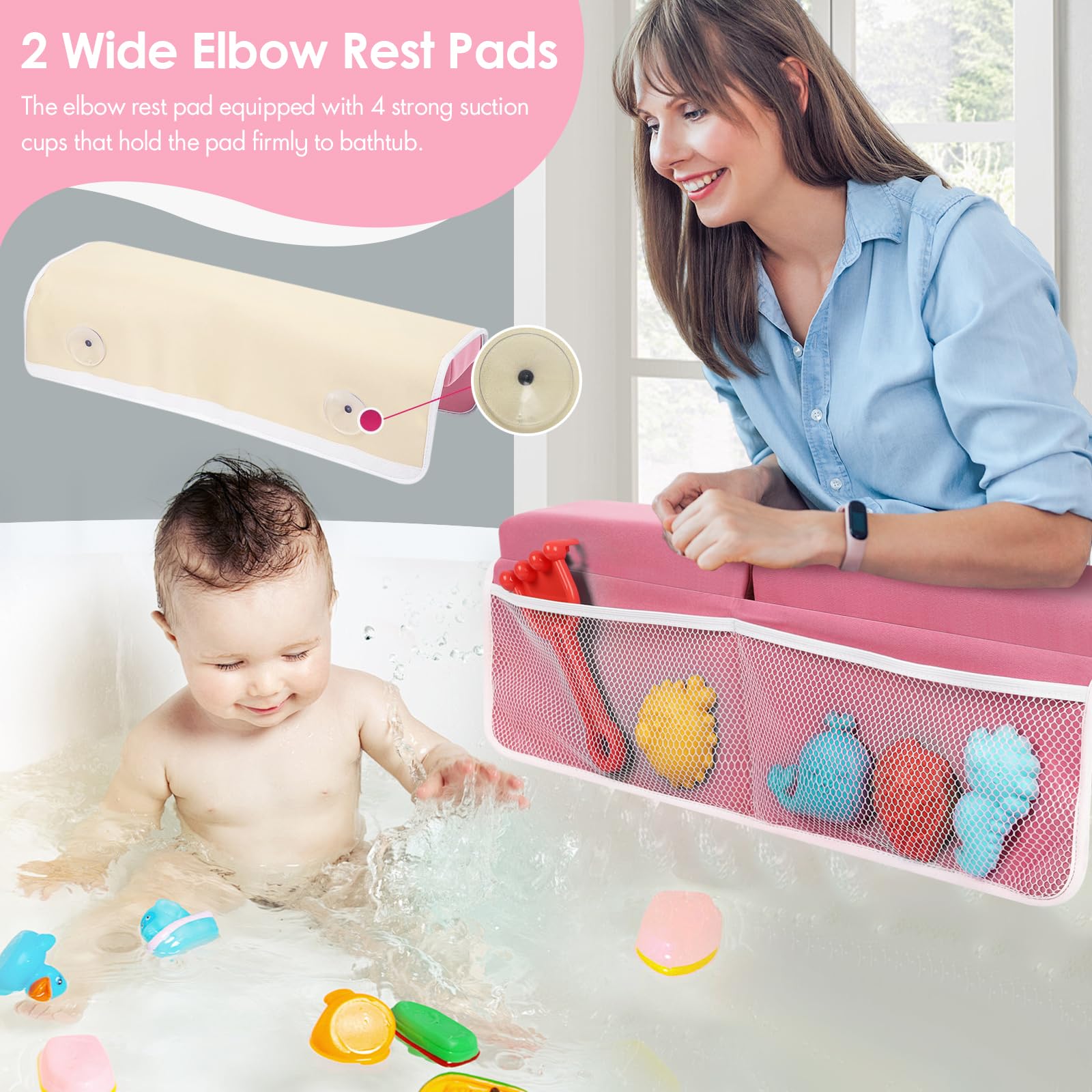 RelaxaTub pink elbow rest with side view highlighting memory foam comfort.