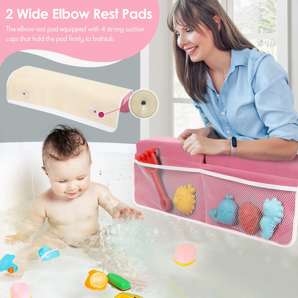 RelaxaTub pink elbow rest with side view highlighting memory foam comfort.