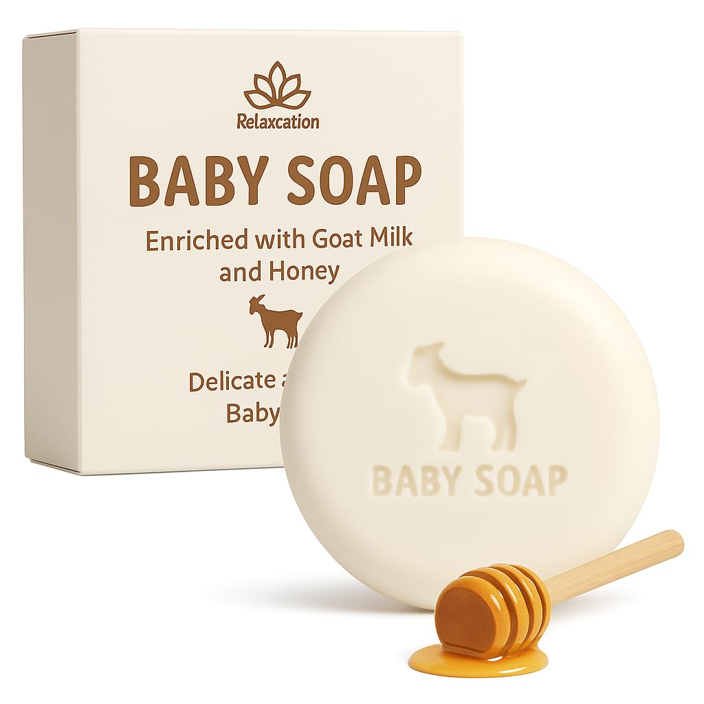 Relaxcation baby soap bar closeup showing goat milk and honey for gentle cleansing
