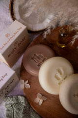 Relaxcation organic baby soap bar ingredients label shows natural components for mild cleanse